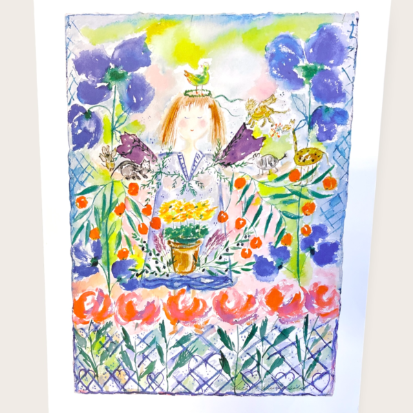 poster vallmoängel i rosenträdgården av konstnär lena linderholm. rosaröda rosor med en ängelflicka i mitten av postern med änglavingar och en krukväxt i mitten blå anemoner runt omkring med katter och giraffer och en råtta tillsammans svävande i rummet