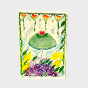 Original litografi av konstnärinnan Lena Linderholms motiv prinsesstårtan. Färgerna är en grön prinsesstårta stående på ett kakfat med citroner runtomkring foten tillsammans med lila vindruvor. tårtan ramas in med av en blågrön färg, akvarell och lite suddiga blommor som i en akvarell