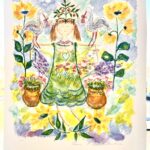Litografi från konstnär Lena Linderholm, tavlan föreställer en kvinna med blommor och som representerar livets träd. kvinnan /flickan på bilden har en fågel på huvudet och ett träd, samt flera solrosor finns på bilden gula som solen.
